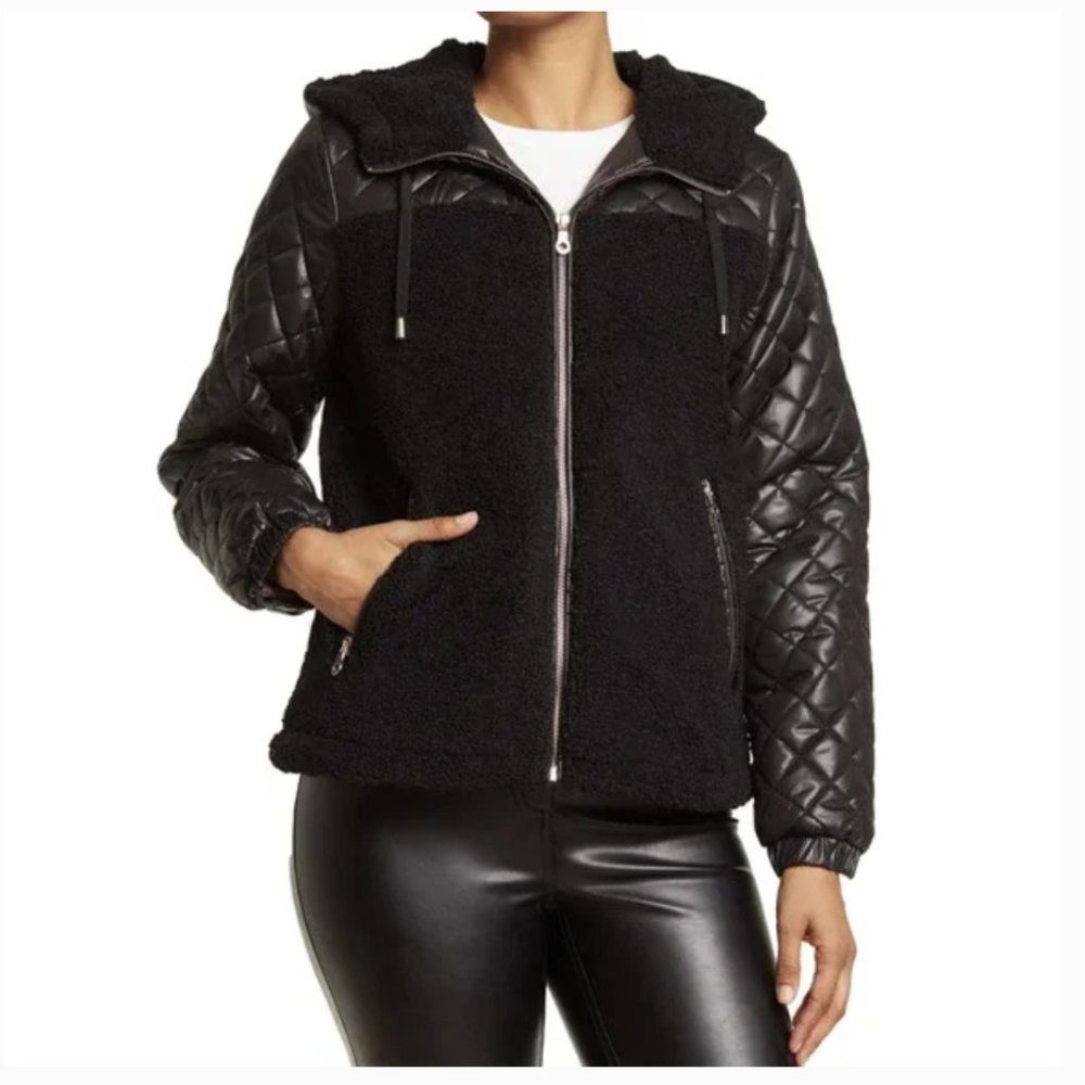 kate spade hooded mixed media black quilts jacket coat size xs small nwt
